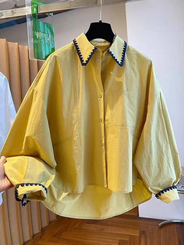 

Корейская модная блузка больших размеров (до 300 фунтов) с цветными блоками, оборками и вставками, свободного кроя, визуально стройнящая, с длинными рукавами