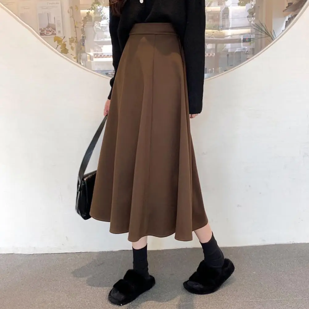 

High-waisted Skater Skirt Elegant High Waist A-line Midi Skirt for Office Lady Solid Color Hem Commuting Style for Women