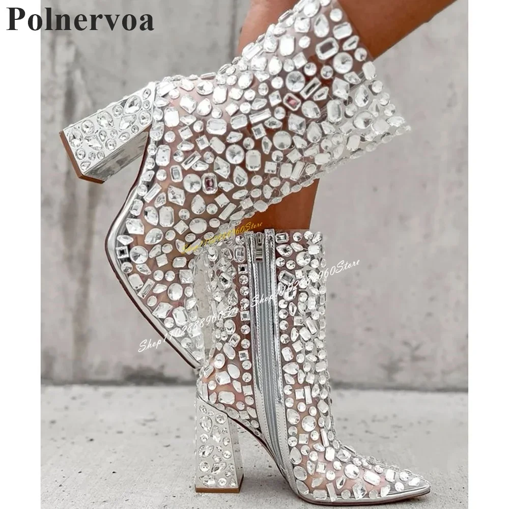 

Sparkling Clear PVC Crystal Decor Ankle Boots Chunky High Heel Shoes For Women Side Zipper Pointed Toe 2024 Zapatos Para Mujere