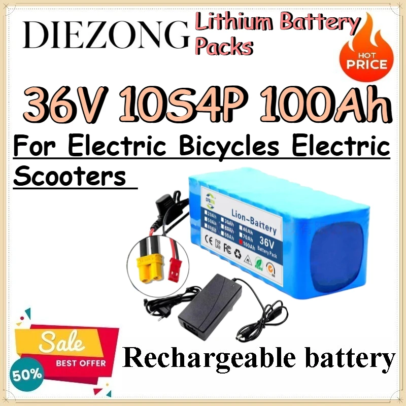 36V 10S4P 100Ah Lithium Battery Packs for Electric Bicycles Electric Scooters Rechargeable Replacement Lithium-ion Battery Pack