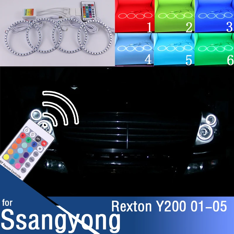 LED Angel Eyes Kit  Ring Headlight Lamp For Ssangyong Rexton Y200 2001-2005 Ultra Bright Refit RGB multicolor Remote Control