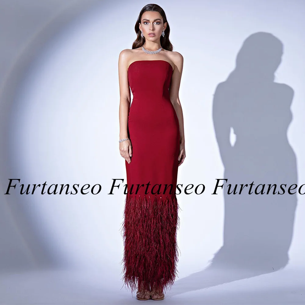 Burgundy Prom Dress Sleeveless Strapless Heavy Feathers Ankle Length Sheath Saudi Arab Special Occasion Dresses Evening Gown