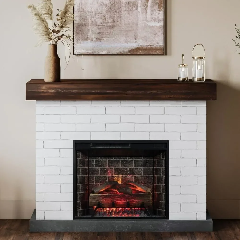 

28 Inch Smart Electric Fireplace Insert W/Remote, Wood Mantel with White Brick Surround, Multi-Color LED Flames, Fireplace