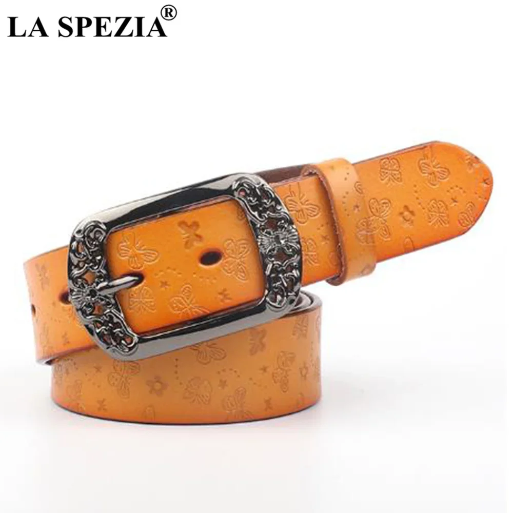 LA SPEZIA حزام أسود للنساء الجلد الحقيقي دبوس مشبك أحزمة خمر الإناث جلد البقر الحقيقي تنقش السيدات حزام خصر 110 سنتيمتر