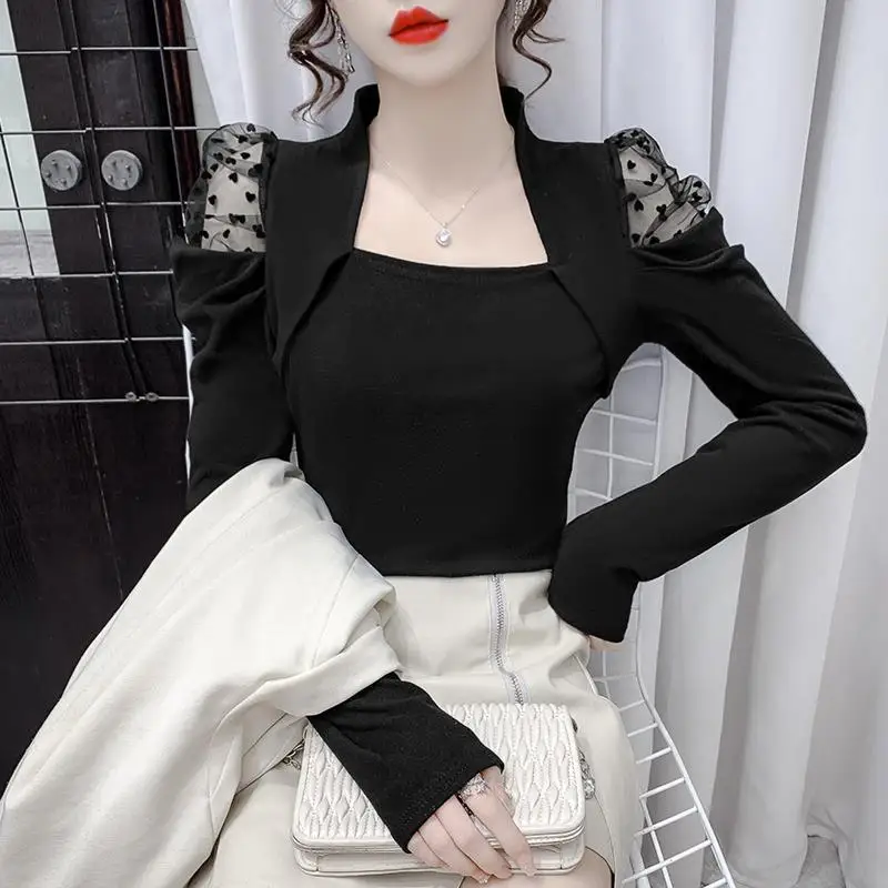 Square Collar Net Yarn Patchwork T-ShirtsFemale Fashion Spring Winter Temperament Undercoat Top Tee Women Clothing Pleated Tops