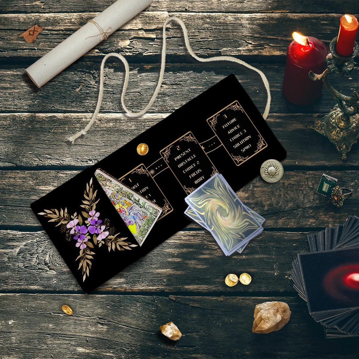 Snake Moon Phase Floral 2‑in‑1 Tarot Pouch Bag Foldable Pre‑Printed Tarot Spread Divination Reading Mat Card Storage Pouch