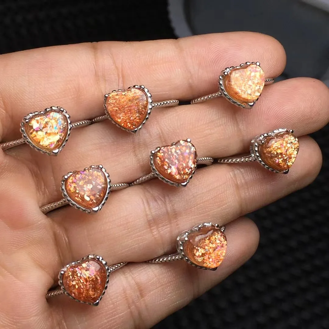 1 Pc Fengbaowu Natural Gold Sunstone Heart Ring 925 Sterling Silver Resizable Reiki Healing Stone Fashion Jewelry Gift For Women