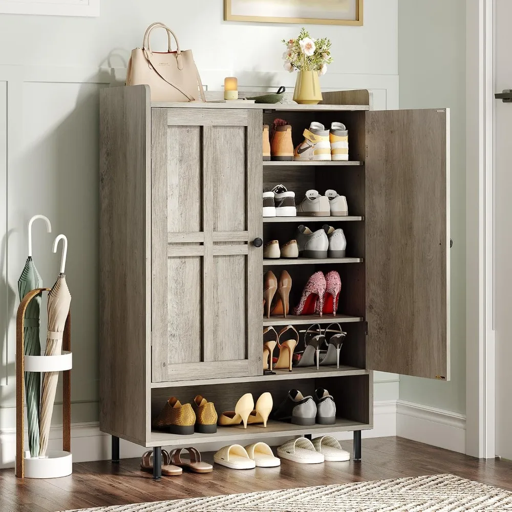 Shoe Cabinet with Cross Molding Doors 6 Tier Storage Gray Wash