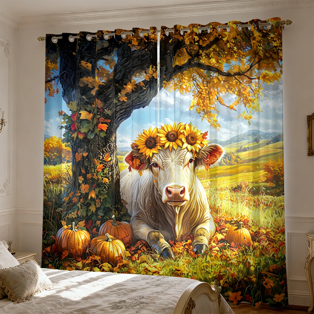 2pcs Sunflower Wreath Cow Fall Pumpkin Landscape 90+ Size Blackout Decoration Living Room Bedroom Easy Installation