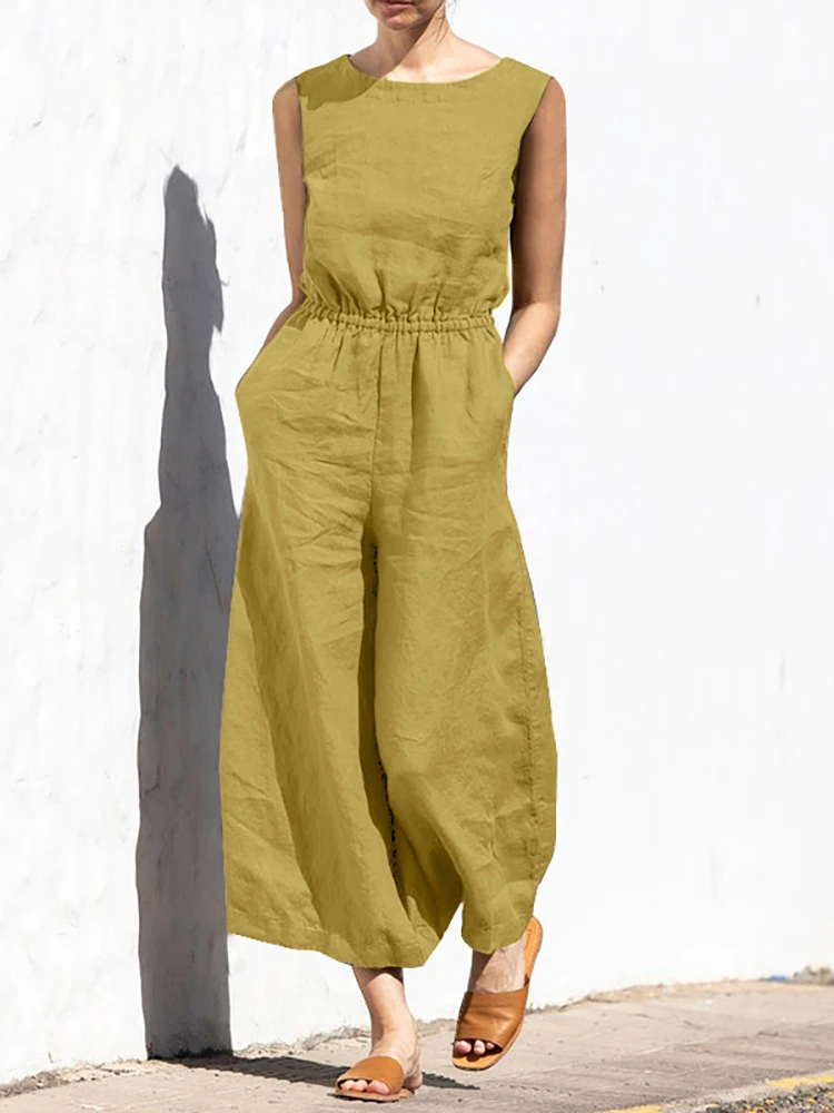 Sleeveless Retro Femme Cotton Linen Pants Women Casual Elastic Waist Jumpsuits with Pockets Summer Streetwear Thin Loose Rompers