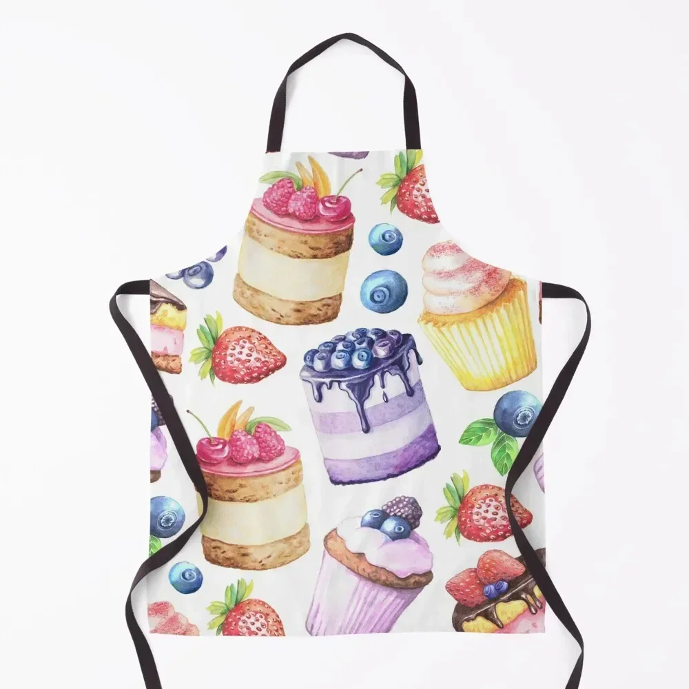

Watercolour Blueberry and Strawberries cakes pattern Apron For Women waiter Waterproof Kitchen Woman Hairdresser Apron