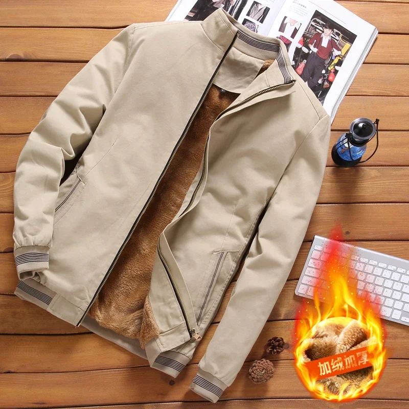 2029  Men's Streetwear Casual Jacket  Warm Coats Khaki Jacket Men Fashion Clothing Stand Collar Fleece Lined Warm Coat  Men's