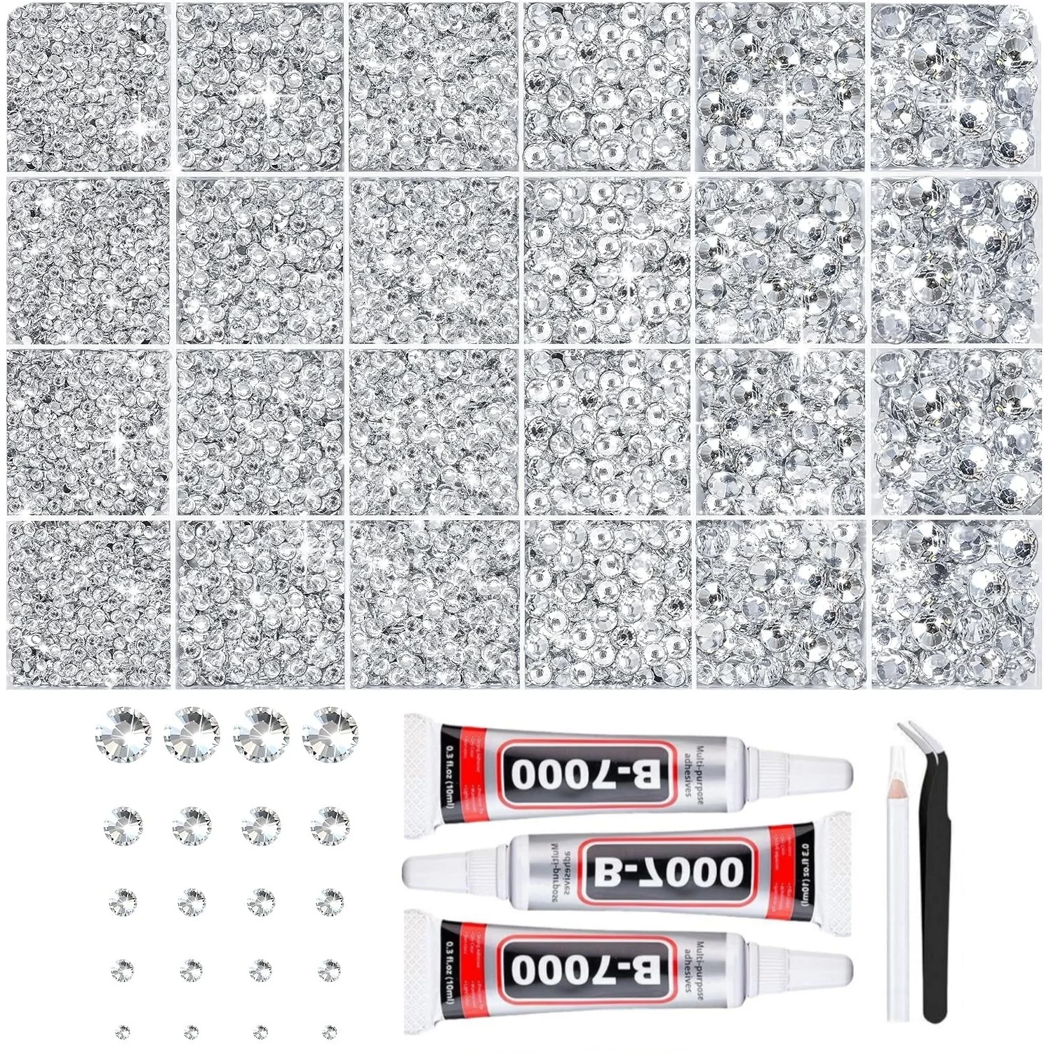 Kit de Décoration Argenté avec Strass 35000 Pièces Strass Multi-Tailles pour Décoration, Kit de Paillettes Diamantées pour Ongles et Artisanat