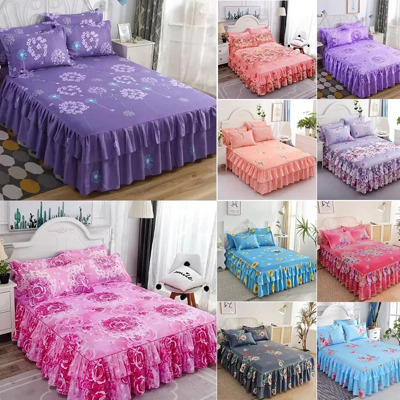 

3PCS Bed Skirt Set Elastic Double Bedspread with Pillowcases Mattress Cover Bedding Set Elastic King Size Bedsheet لحاف 침대치마