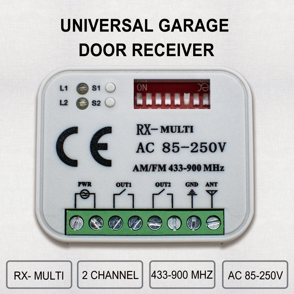 

300-900MHz Garage Door Remote Receiver RX MULTI AC/DC 9-30V AC85-250V Switch Controller 433MHz Gate Control Transmitter Keychain