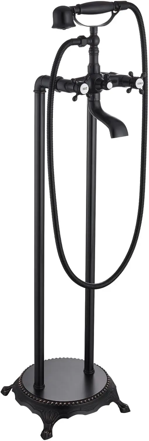

Freestanding Bathtub Faucet Floor Mount Tub Filler with Double Cross Knobs 360 Rotation Spout High Flow Floor Standing Bathtub