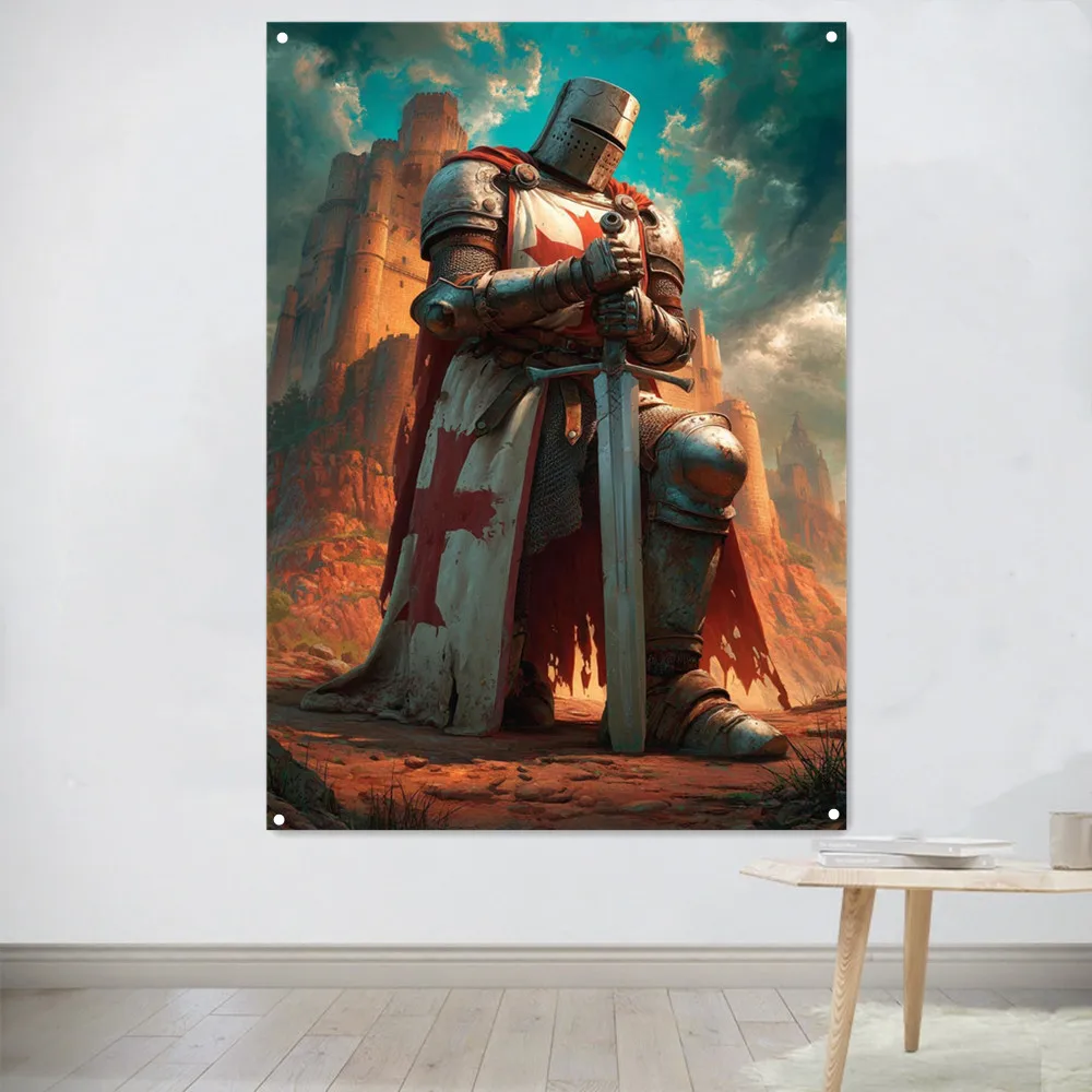 Medieval Armor Warrior Posters Prints Vintage Canvas Painting Knights Templar Tapestry Wall Hanging Flag Wall Art Decor Banner 8