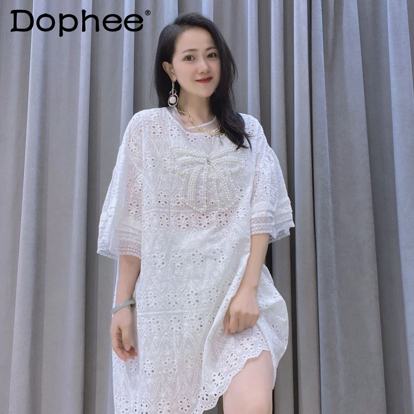 Bow Heavy Beads Hollow Out Embroidered White Mid-Length T-shirt Dress Top 2023 Summer Tees Short Sleeve Loose Oversized T Shirt