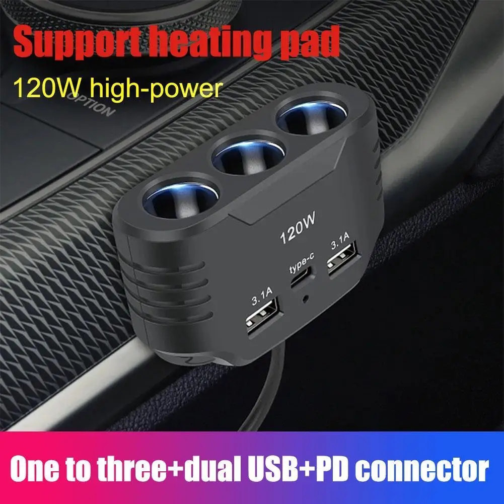 3 Socket Car Cigarette Lighter Splitter Dual USB LED Car Fast Charger 120W 12V 24V Car Charger Adapter