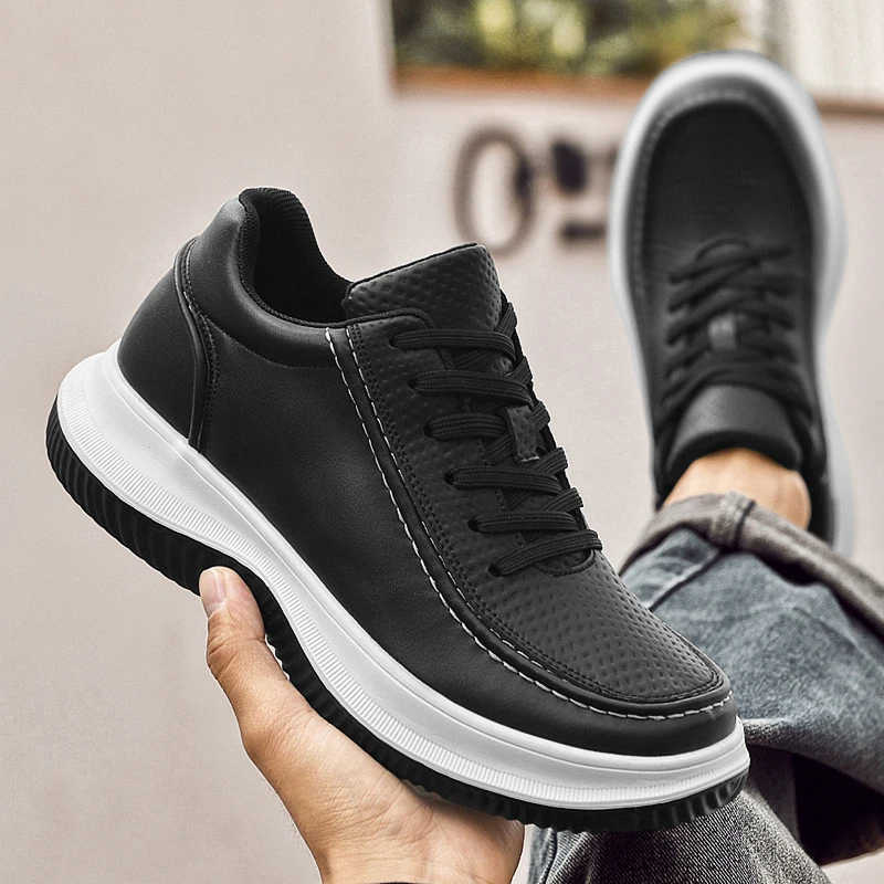 White Leather Sneakers with Thick Soles Men Shoes Outdoor Men Formal Shoes Invisible Inner Height Increasing Men's Shoes 6/8 CM