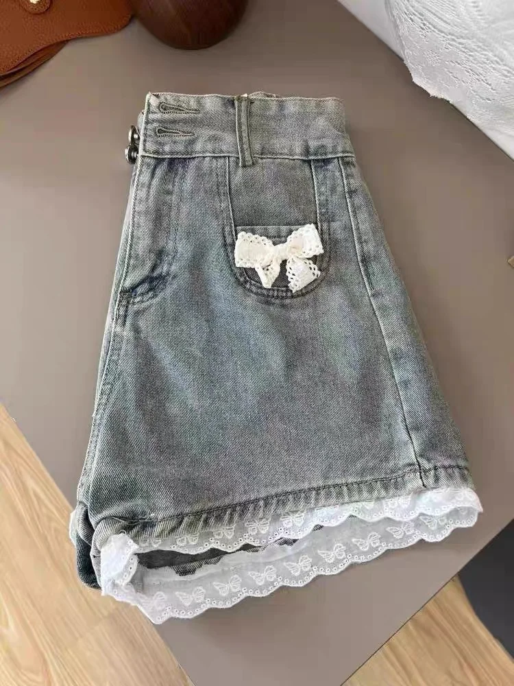スパイシーガール レースパッチワーク デニムショートパンツ レディース 夏新作 ハイウエスト ワイドレッグ ホットパンツ スイートボウ レディース ハイストリートショートパンツ