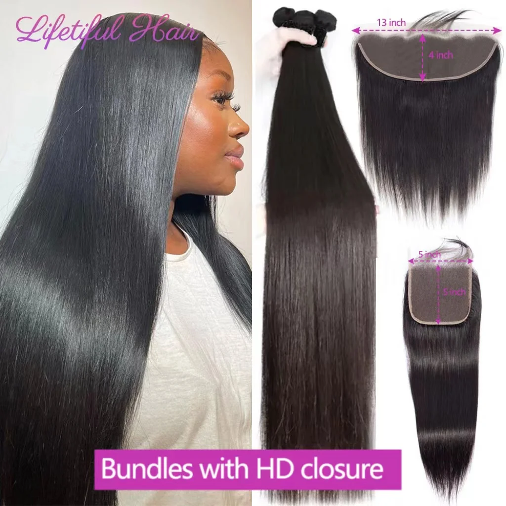 Mèches Brésiliennes Naturelles Lisses avec Closure, Extensions de Cheveux 100% Humains, 13x4, 5x5, HD