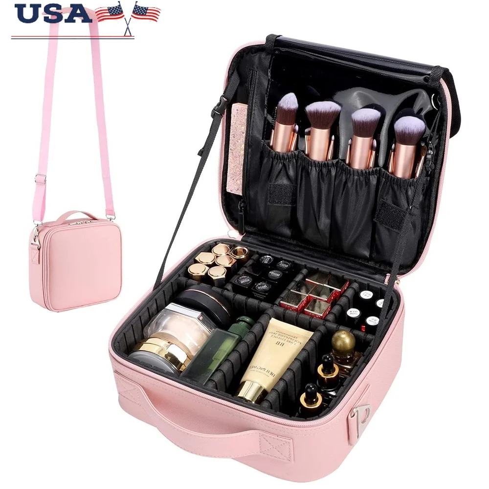 

Portable Makeup Bag Organizer Travel Case Cosmetic Brush Storage with Adjustable Compartments and Detachable Shoulder Strap