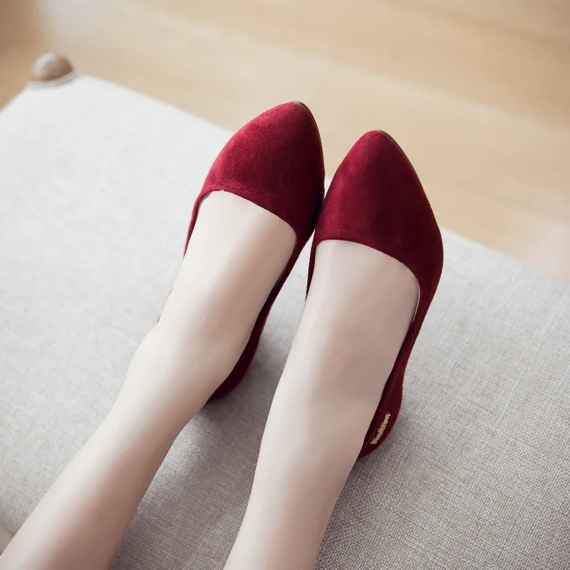 Casual Low Heels Shoes Women‘s Pumps Fashion Flock Red Grey Black Heeled Party Office Wedding Shoes Ladies Large Size 48 Comfort