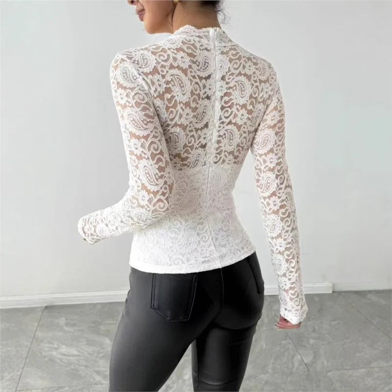 New Autumn And Winter T Shirt Lace Patchwork Back Zipper Long-sleeved Slimming And Elegant Commuter Top