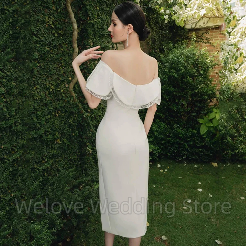 Simple Off the Shoulder Ruffles Short Wedding Dress Short-Sleeve Sheath Side Slit Tea-Length Bridal Open Back Straight Gowns
