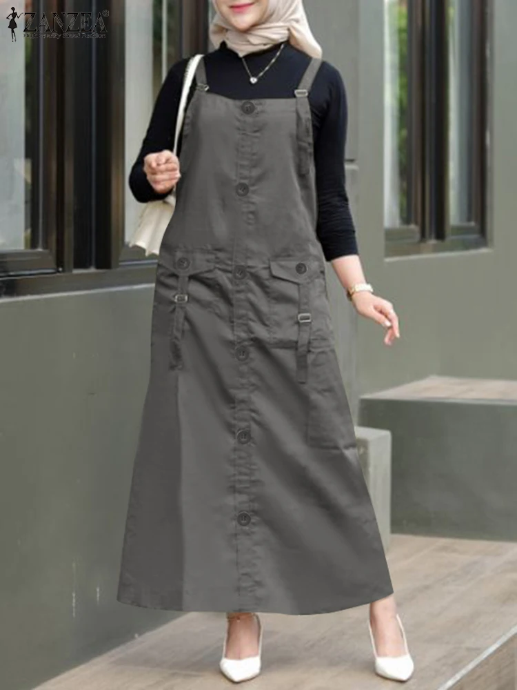 

2024 ZANZEA Women Summer Overalls Dresses Casual Muslim Dubai Abaya Hijab Sundress Fashion Spaghetti Strap Solid Cargo Dress