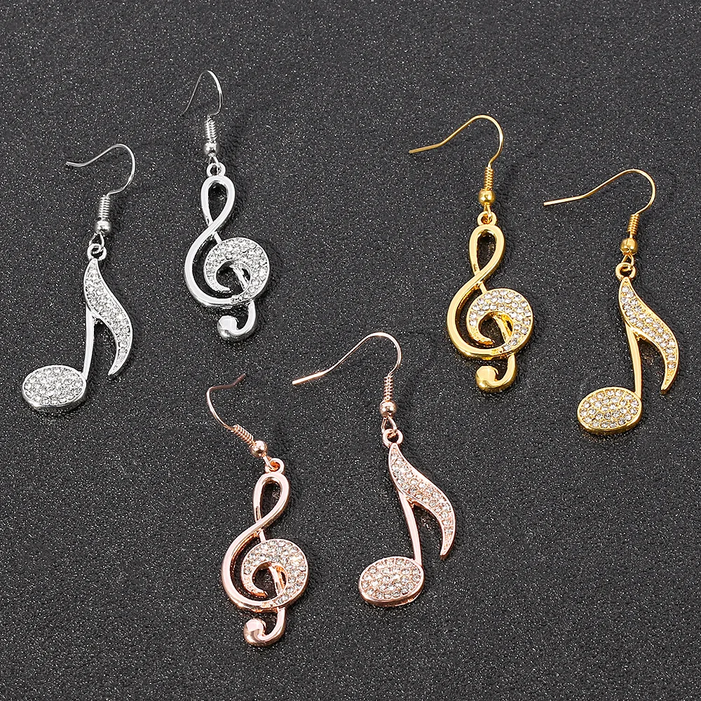 Asymmetrical Music Notes Drop Earrings Creative Fashion with Full Rhinestone Crystal Ear Pendant Jewelry for Music Lovers