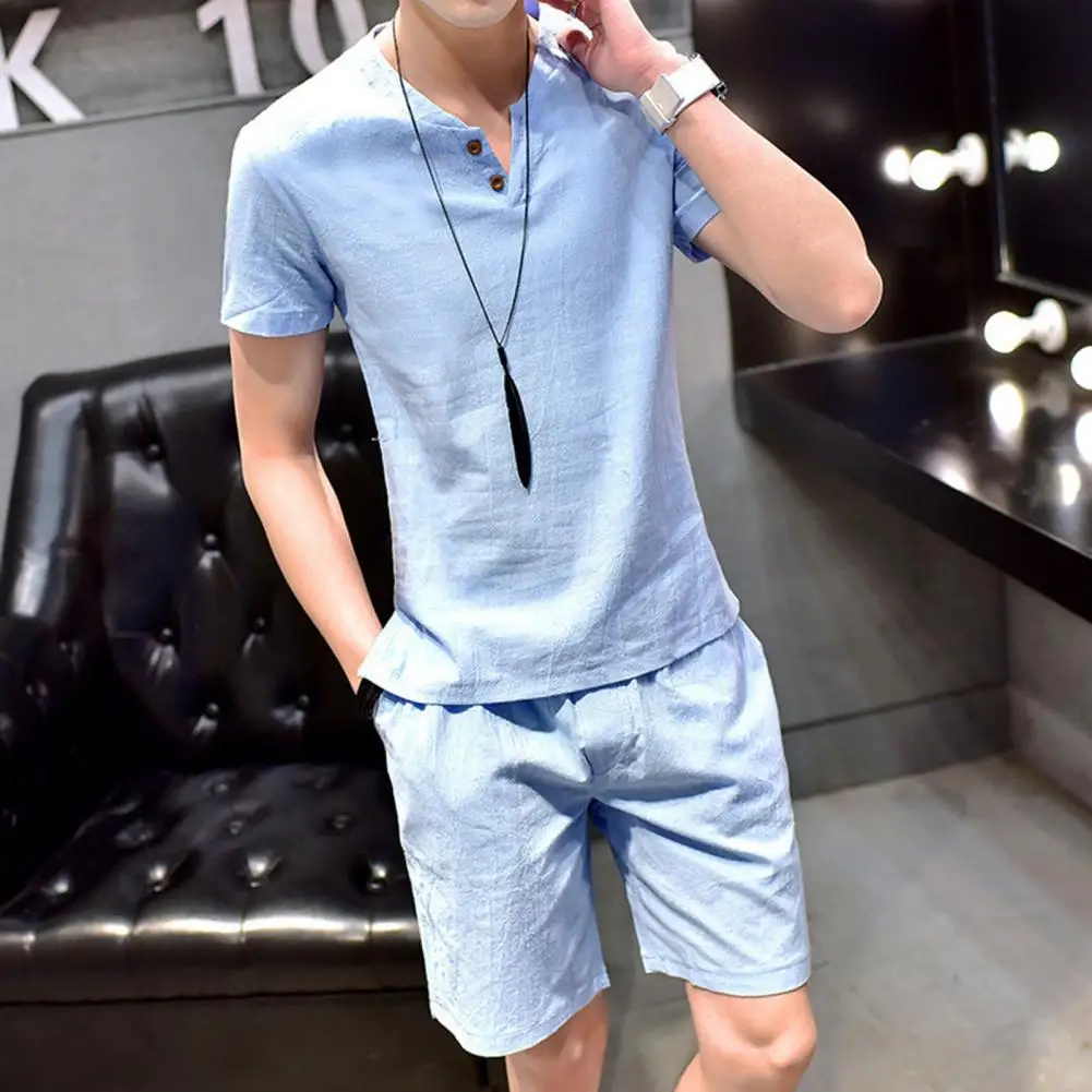 Men Sportswear Set Men\'s Casual Sportwear Set with V-neck T-shirt Elastic Drawstring Shorts Solid Color Outfit for Homewear Male