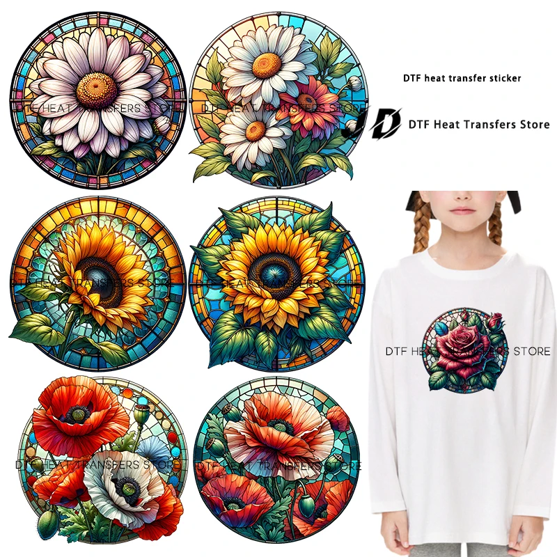 

2024 New round flower painted glass Iron On Patch Heat Transfer On Clothes DTF Iron on transfer Heat Transfer On Clothes