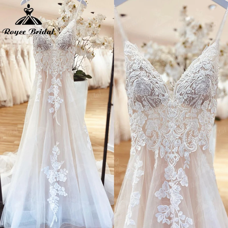 Vestido de novia bohemio personalizado, apliques de encaje, cuentas florales, espalda descubierta, tirantes finos, vestidos de novia, estido de noiva praiano 2025