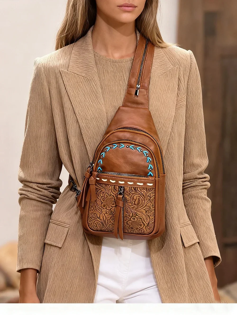 Women Sling Bag 2 in 1 Chest Backpack PU Leather Vintage Embossed Pattern Multi Compartment Lightweight Daypack