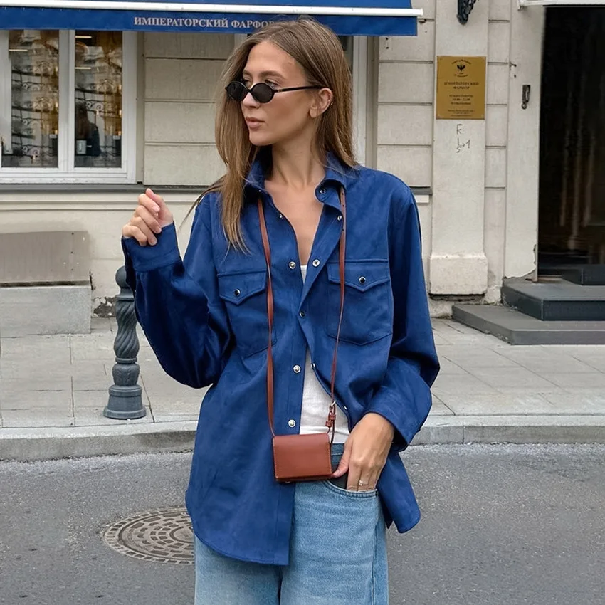 

Klein синее осеннее женское пальто с лацканами и застежкой-передними карманами, женская куртка с длинными рукавами, шикарная рубашка в корейском стиле для женщин