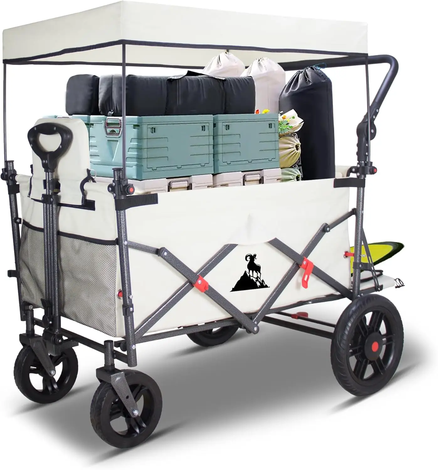 Camping, Garden and Shopping Use, Heavy-Duty Utility Wagon with Quick-Release Wheels and 2 Seats, 265LBS Capacity, Beige