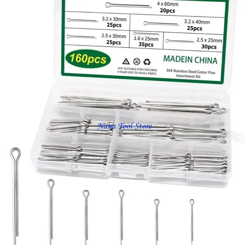 31GJ 160Pcs 6 Size 304 Stainless Steel Cotter Pin Clip Fastener Fitting Assortment for Car Mechanic Garden