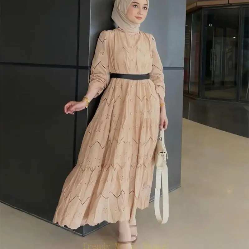 N5kb طويل الأكمام الكشكش فطيرة الإسلامية الإسلامية لباس مطرزة الدانتيل الإسلامي الفستان #5