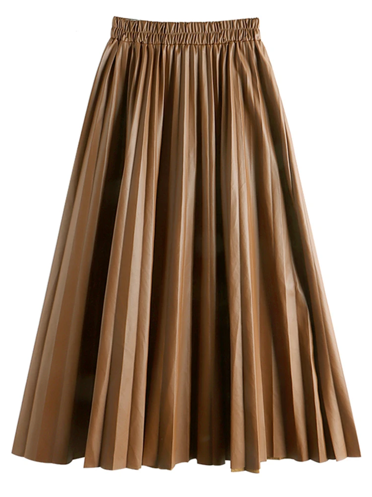 Seoulish Autumn Winter New 2022 Faux PU Leather Pleated Long Skirts for Women High Waist All-match Umbrella Chic Skirts Female