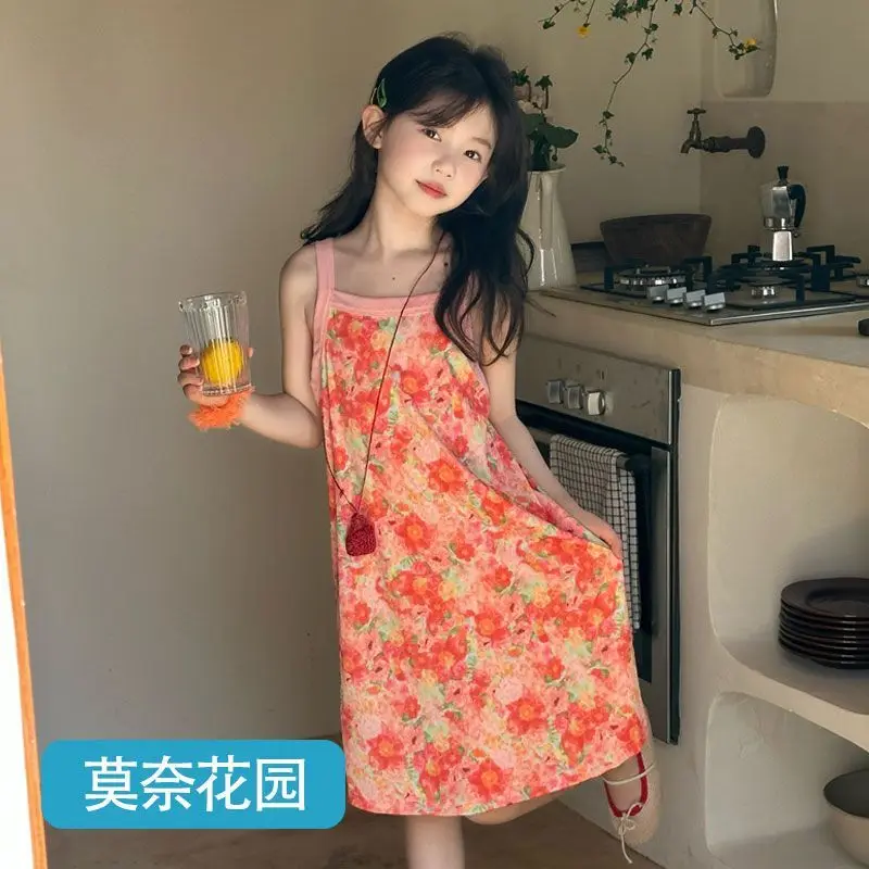 2026 New Ice Silk Cooling Feeling Girls Summer Sleep Dress Spaghetti Strap Kids Pajamas Homewear for Little Girls Home Dress
