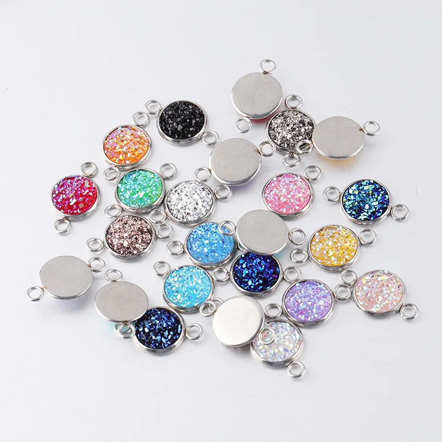 20Pcs/Lot 10mm Stainless Steel Resin Glitter Faux Druzy Charms Connector Colorful DIY Handmade Druzy Crystal Pendant