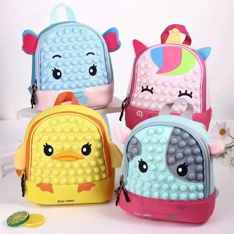 Animals Cartoon Pop Bubble School Backpack Fidget Toys Antistress Kawaii Bag Kids Kindergarten School Bag for Girls Boys Gift