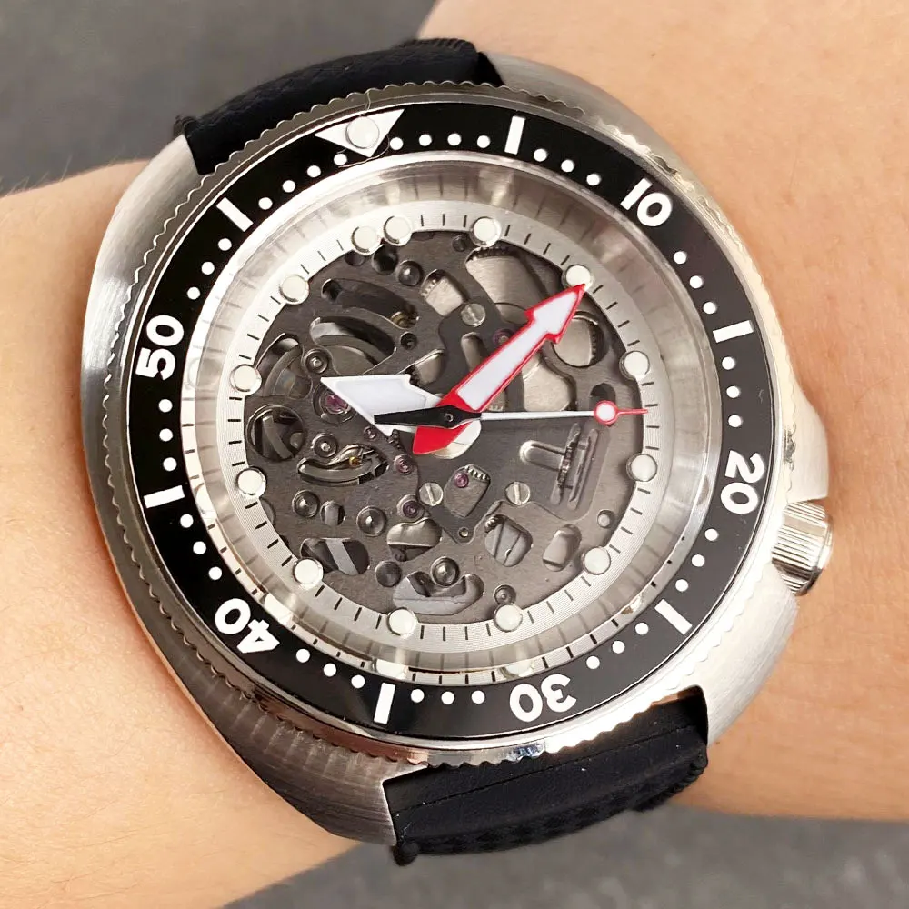 

Hollow Skeleton Silver Dial 44MM Turtle Sandblasted Case NH72 Movement Automatic Watch Men 20BAR Sapphire Crystal 120 Clicks