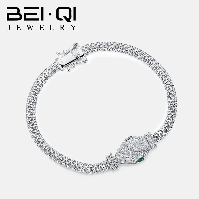 100% 925 silver bracelet for women Hollow snake head Green eyes luxury gift Hip Hop Animal Birthday Gifts Punk Jewelry