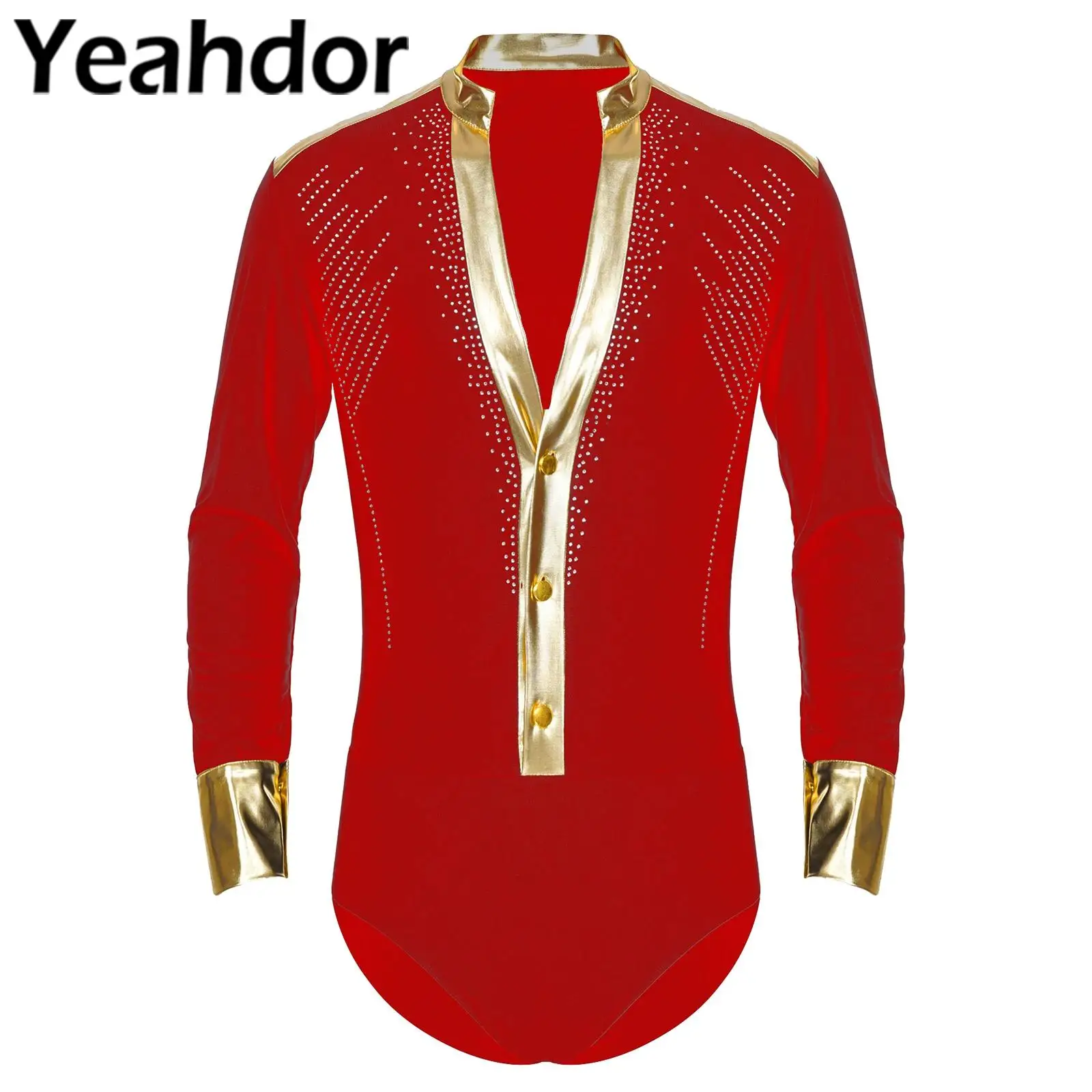 

Mens Latin Jazz Dance Leotard Shirts Shiny Gold Trim V Neck Long Sleeve Tuxedo Bodysuits Modern Chacha Rumba Ballroom Costume