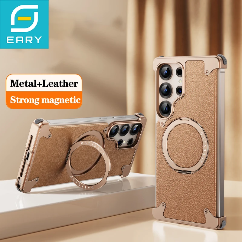 

Eary for Samsung Galaxy S25 Ultra Phone Case Leather Cover 360° Rotatable Stand Magnetic Bumper Frameless Shockproof Protective