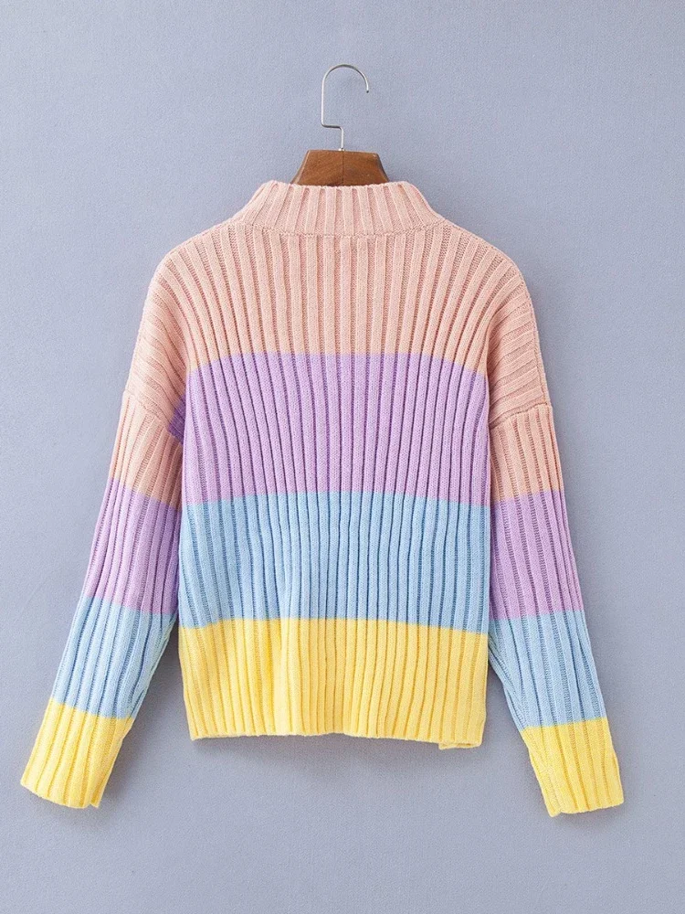 Women's Rainbow Sweaters Macaron Slim Knitted Pullover O-neck Autumn&Winter Knitwear Ladies Short Jumper Woman Tops