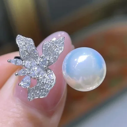 9-10mm Round High Luster Freshwater Pearl Iris Ring S925 Silver Full Paved Zircon Split Shank Women Dainty Jewelry